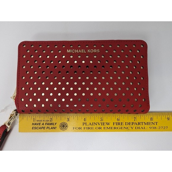 Michael Kors Zip Around Red Wallet Wristlet Perforated Circles Dots, Red Gold - Picture 1 of 10